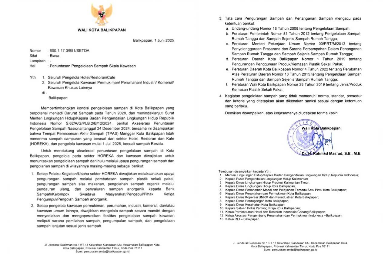 Surat Wali Kota Balikpapan Nomor 600.1.17.3/951/SETDA yang ditandatangani oleh Wali Kota Dr. H. Rahmad Mas'ud, S.E., M.E., pada tanggal 1 Juni 2025.